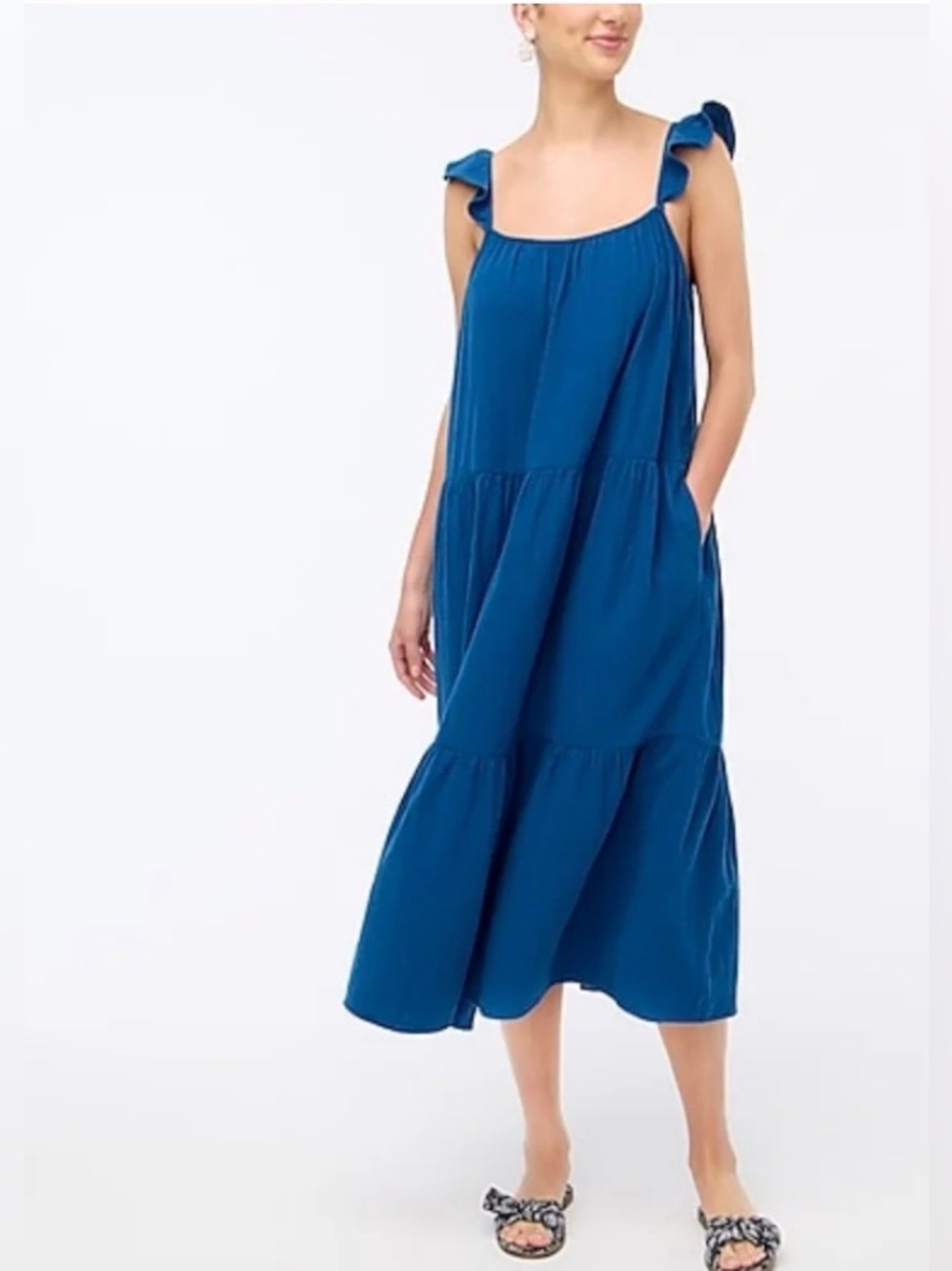 J Crew Factory Cotton Gauze Blue Tiered Ruffle Straps Maxi Dress